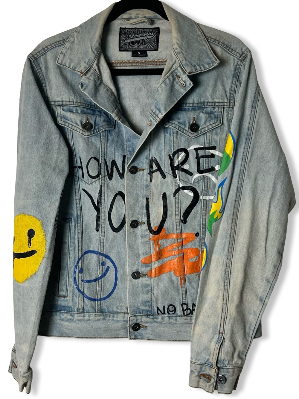 Brooklyn Cloth MFG Unisex Hand-Painted Graffiti Denim Trucker Jacket Smiley Sz S